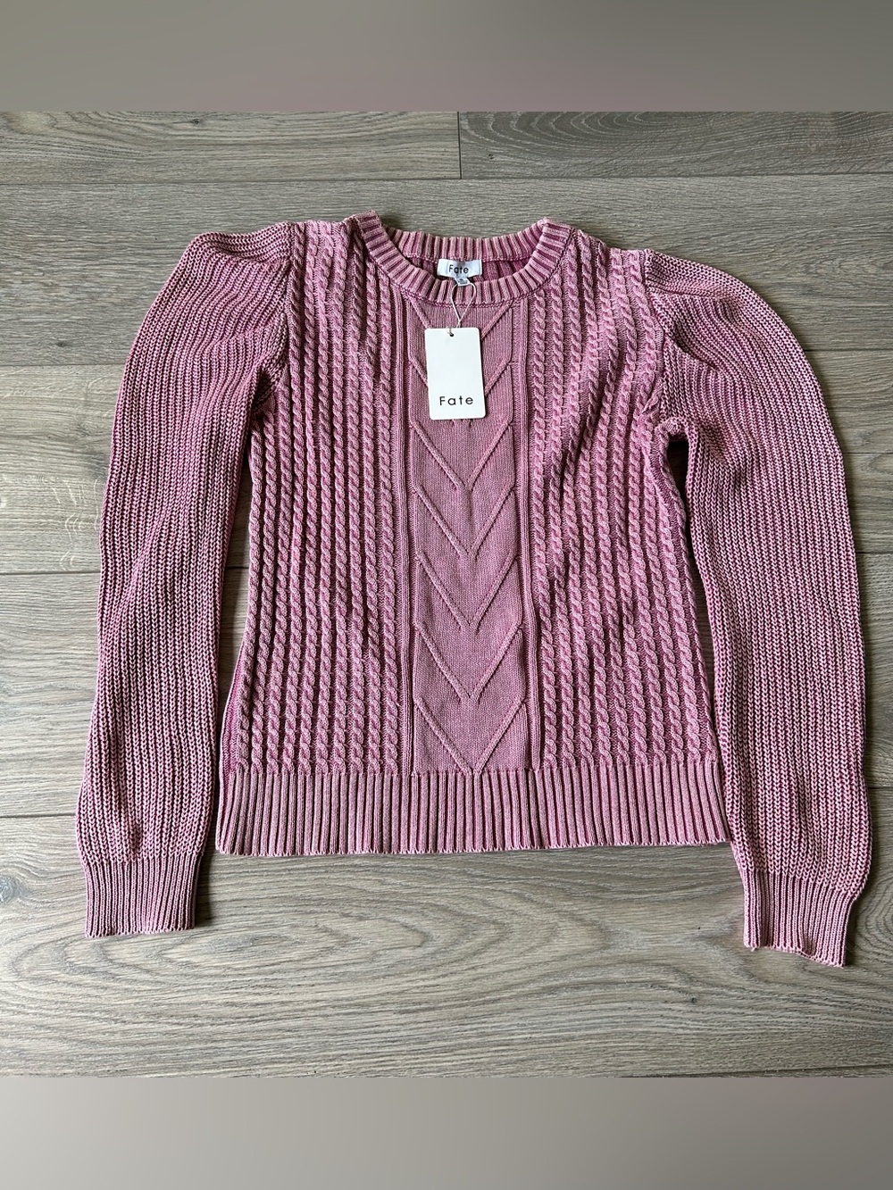 FATE Dusty Rose 100% Cotton Cable knit Sweater Puff sleeves Size Small New